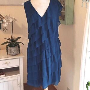Adrianna Papell Navy Tiered Ruffle V-Neck Midi Dress